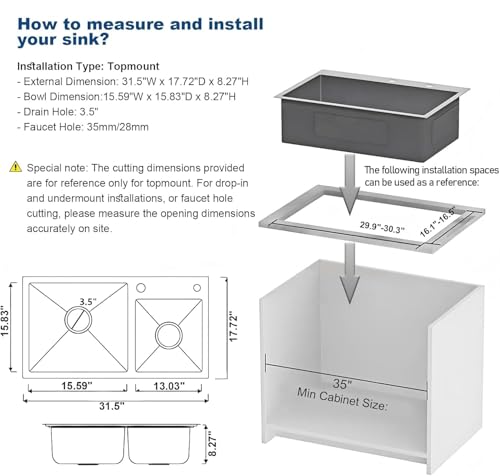 Vivrhintty 31" x 18" Double Bowl Kitchen Sink, Drop-in/Topmount 304 Stainless Steel Sink with Nano Coating & Accessories Set by Vivrhintty - Used condition - Image 3