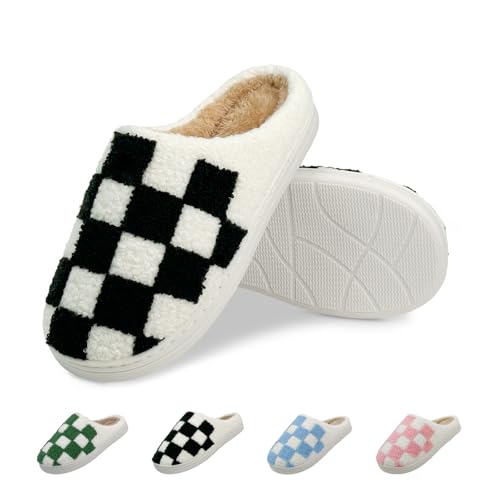 Rasonyet Checkered House Slippers Womens Slippers Memory Foam Cozy Plush Faux Fur lining Black and White Checkered Girls Slipper Home Shoes Women Non-Slip
