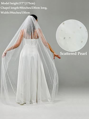 Elawbty Véu De Noiva Com Comprimento De Capela De Pérolas De 1 Camada Com Pente De Metal Branco F55