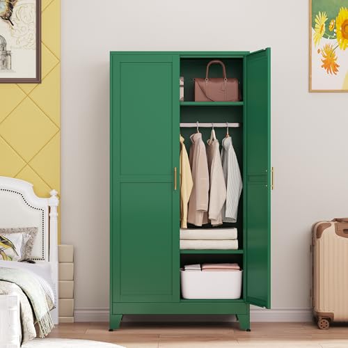Green-71-Metal-Armoire-Wardrobe-Closet-Bedroom-Clothing-Storage-Cabinet-with-2-Drawers-and-Hanging-Rod-Freestanding-Armoire-Cabinet-with-Adjustable-Shelves Green 71 Metal Armoire Wardrobe Closet Bedroom Clothing Storage Cabinet with 2 Drawers and Hanging Rod Freestanding Armoire Cabinet with Adjustable Shelves