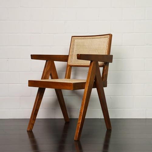 Image of Solid Wooden Rattan Arm Lounge Chair | Dining Chair for Living Room, Hall and Office (Black Teak Finish) | 50D x 50W x 90H CM