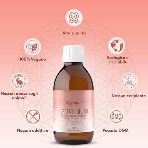 Dioxnatur® Soluzione Di Orotato Di Litio 250 Ml - 0,5 Mg Di Litio Per Ml - 500 Ppm - Orotato Di Litio Con Purezza Del 99% - Litio Liquido In Gocce - Pipetta Inclusa - 2