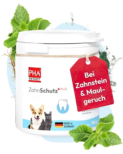 PHA ZahnSchutz Plus Dental Pulver für Hunde & Katzen - Verminderung von Zahnstein und Zahnbelag, gegen Mundgeruch, Zahnpflege Hund Katze, Zahnreinigung, 150 g