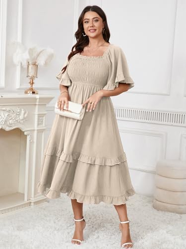 Image of SCOMCHIC Women's Plus Size Maxi Dresses Summer Short Sleeve Square Neck Smocked Wedding Guest Cocktail Boho Long Dress