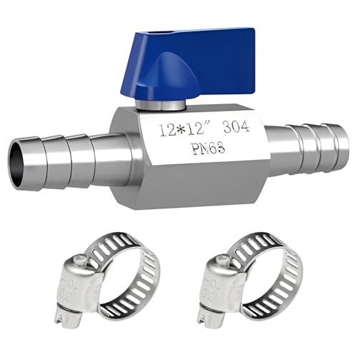 12MM Kugelhahn mit Widerhaken, 304 Edelstahl Kugelhahn, 12mm Widerhaken Absperrventil Pagodengelenk Garten Armatur, Mini Kugelventile mit 2 Schlauchschellen für Wasser, Gas, Öl, Kraftstoff