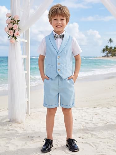 Image of LOLANTA Boys 4PCs Summer Suits, Short Suit Set for Wedding Ring Bearer Outfits Dress Clothes Vest Shirt Shorts Bow Tie