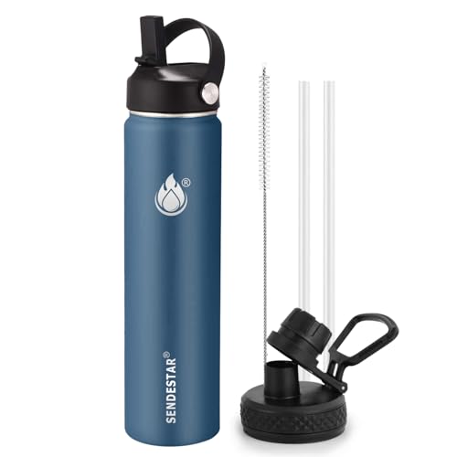 Image of Insulated Water Bottle 24 oz with Straw, Stainless Steel Wide Mouth Water Bottle, Double Wall Vacuum Leak Proof with Straw Lid & Spout Lid for Sports or Office, Keep Cold or Hot Up to 24 Hrs