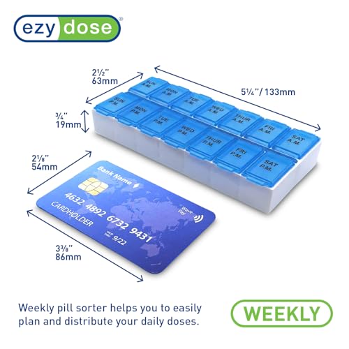 Image of Ezy Dose Weekly (7-Day) AM /PM Pill Organizer, Medium Medicine Case, Blue | Daily Vitamin Box & Supplement Planner, Pop-Up Lids, 2 Times a Day Compact Pill Holder, Portable & Travel-Friendly, BPA-Free