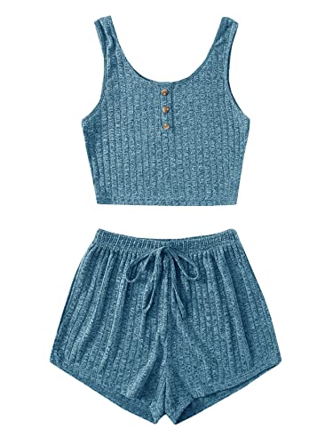Image of SOLY HUX Women's Button Front Ribbed Knit Tank Top and Shorts Pajama Set Sleepwear Lounge Sets
