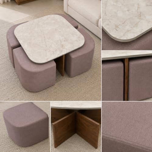 Image of The Attic Norwood Coffee Table, Coffee Table for Living Room, Coffee Table with 4 stools Solid Wood Centre Table with Ceramic Top, Tobacco Brown Finish