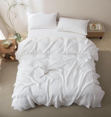 Talasily 100% French Pure Linen Sheets Set Twin Size,Oeko-TEX Certified Bedding, All-Season Breathable for Hot Sleepers,16 Inch Deep Pocket Machine Washable 3-Piece (White)