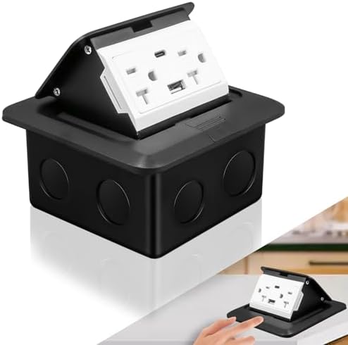 Pop up Floor Outlet Box Kit Waterproof Electrical Outlet Cover Box with 4.8A USB A & Type C Charge and 20 Amp Tamper Resistant Hardware Receptacle Boxes for Countertop Office Home,Black