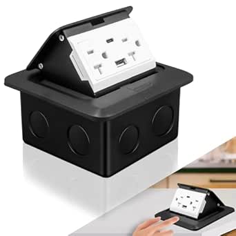 Pop up Floor Outlet Box Kit Waterproof Electrical Outlet Cover Box with 4.8A USB A &amp; Type C Charge and 20 Amp Tamper Resistant Hardware Receptacle Boxes for Countertop Office Home,Black