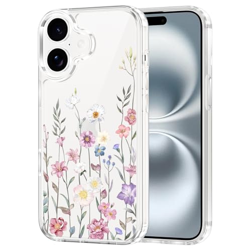 Xylota Cover per iPhone 16, Aesthetic Fiori Motivo Disegni Donna Trasparente Custodia Protettiva Case, Anticaduta Sottile Morbido TPU Silicone Bumper Anti-Graffio Custodie per iPhone 16 6,1'' - Foglie