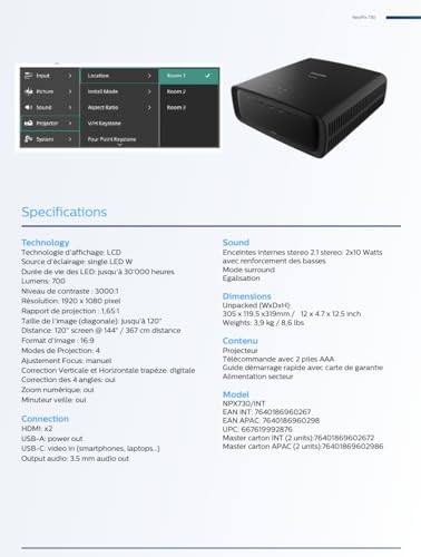 Philips NeoPix 730 Projecteur à focale standard 700 ANSI lumens LCD 1920x1080 Neuf - vue 8