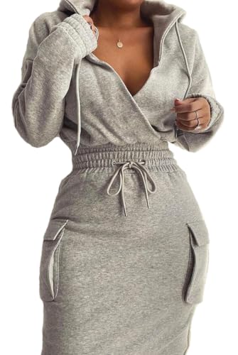 BIRW Size XL Grey Hoodie Dress for Women 2027 Slim Casual Long Sleeve High Waist Drawstring Pullover Bodycon Sweatshirt Dresses with Pockets