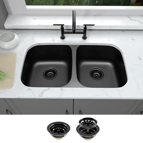 LQS 32 Inch Undermount Black Kitchen Sink, Black Oval Kitchen Sink Round Corner, 50/50 Double Bowl Stainless Steel Kitchen Sinks with Sink Strainers