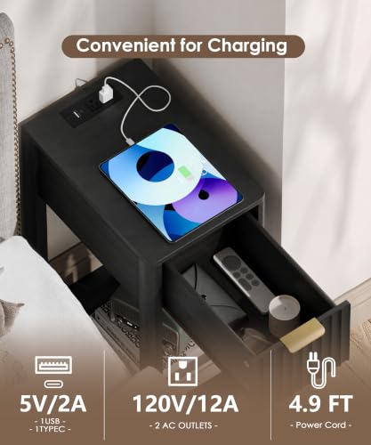 Image of Akxomel Narrow Nightstand Set 2 with Charging Station Fluted Table Black