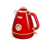 Hazel Quinn Retro Electric Kettle - 1.7 Liters / 57.5 Ounces Tea Kettle with Thermometer, All Stainless Steel, Fast Boiling 1200 W, BPA-free, Cordless, Rotational Base, Automatic Shut Off - Ruby Red