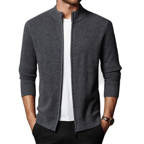 Men's 100% Wool Cardigan Sweater with Full Zipper and Stand-up Collar. Autumn/Winter Solid Color Basic Style