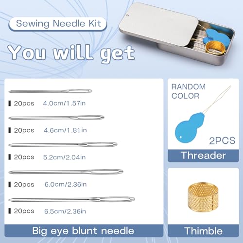 Image of TLKKUE 100 /40 Pcs Steel Large-Eye Blunt Needles, Tapestry Needle with Needle Threader Thimble, Yarn Needles for Sewing Knitting Crafting Weaving Crochet Tapestry (Silver, 5 sizes /100pcs)