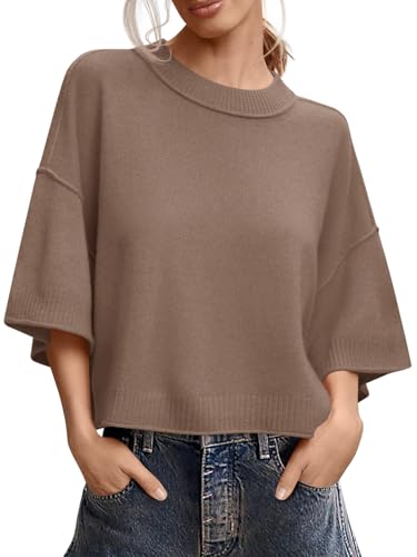 Image of Saodimallsu Womens Short Sleeve Sweater Summer Oversized Cropped Sweaters Casual Crewneck Lightweight Knit Tops