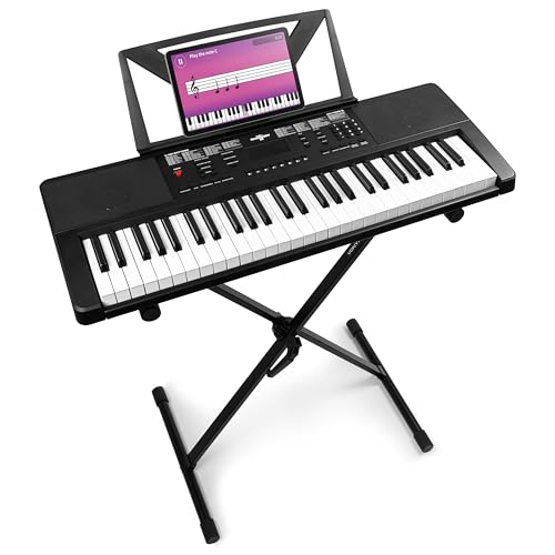 MAX Rhapsody54 - Piano eléctrico de 54 teclas para principiantes, teclado con función de aprendizaje, pantalla, 50 canciones de demo, 300 sonidos, 8 percusiones, altavoces, soporte de teclado y atril