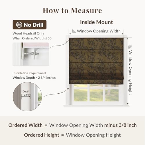 Image of TWOPAGES No Drill Cordless Vintage Leaf Print Roman Shades Linen Textured Roman Blinds for Windows, Custom Made Room Darkening Light Filtering Roman Window Shades, Bronze, 1 Piece