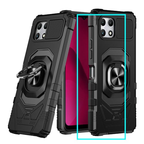 for T-Mobile Revvl 7 5G Case with Screen Protector,Revvl 7 5G Phone Case Military Grade Protection Built-in Magnetic Ring Stand Soft Rugged Silicone Corner Shockproof Cover for T-Mobile Revvl 7 Black