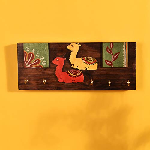 Image of AAKRITI ART CREATIONS Key Holder, Handcrafted Tribal Art Alpaca Theme Key Hanger | Rustic Wood Wall Organizer with 5 Hooks | New Home Gifts| Multifunctional Entryway Decor Item