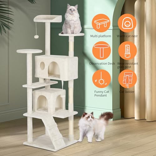 Image of BestPet | 62 inch Cat Tree Tower | Beige | Sturdy Multi-Level Cat Tree