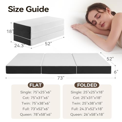 Image of Folding Mattress Full Size - 6 Inch Tri Fold Memory Foam Portable Full Mattress with Washable Cover, Non-Slip Bottom, Foldable Bed for Guest, RV, Camping, 73 inchx52 inchx6 inch