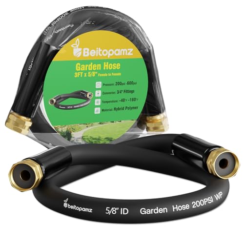 Short Garden Hose 3 ft x 5/8" Female to Female, Heavy Duty Small Water Hose Extender Connector, Leak-Free Connections Hybrid Rubber Leader Hose with 3/4" Double GHT Fittings, Black