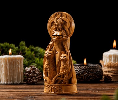 Estatua tallada de Freya en madera, decoración de altar miniatura 5