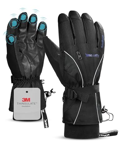 KUTOOK Skihandschuhe Herren Winter wasserdichte Warme Thermo Handschuhe Ski Snowboard Damen Kinder Für Skifahren Schneeschlitten Motorrad Fahrrad Schwarz Grau XL