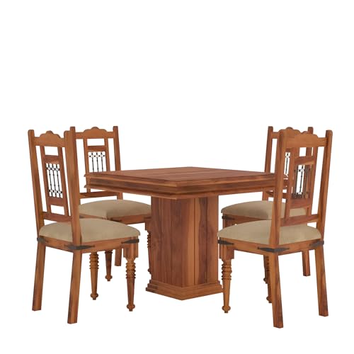 Image of Loonart Solid Sheesham Wood 4-Seater Dining Table Set with Pillar Base |Handcrafted Wooden Dining Furniture with Honey Teak Finish |Compact Dining Set for Home| Kitchen Or Apartment Use|