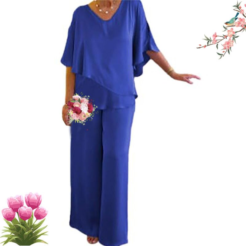 HESYSUAN Conjunto de pantalones elegantes para mujer, casual, holgado, talla grande, color gris, de doble capa, conjunto de 2 piezas para mujer