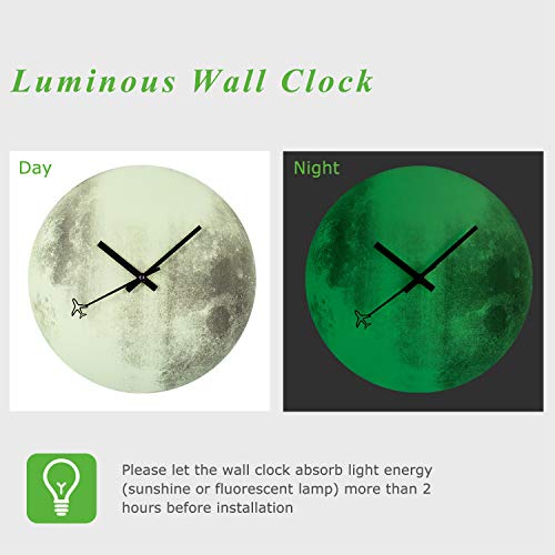 BEW Luminous Wall Clock, Glow-in-Dark Moon Clock, No Numerals Silent Non-Ticking Battery Operated, Retro Decorative Clock for Living/Dining/Kids Bedroom/Kitchen (12 Inch) - Thumbnail 4