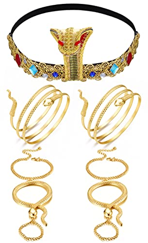 Besteel 5Pcs Egyptian Costume Accessories Halloween Cleopatra Headpiece Swirl Snake Upper Arm Cuff Gold Finger Ring and Hand Chain Bracelet for Women Costume