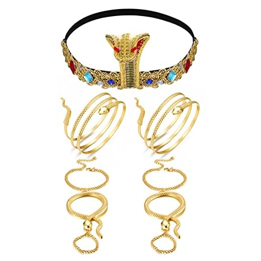 BESTEEL 5Pcs Egyptian Costume Accessories Halloween Cleopatra Headpiece Swirl Snake Upper Arm Cuff Gold Finger Ring and Hand Chain Bracelet for Women Costume