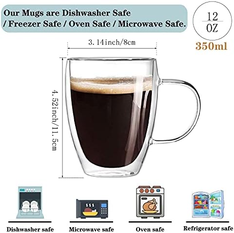 Set of 4 Double Walled Design Glass Tea Coffee Cup with Handles, Lightweight Insulated Double Walled Glasses Heat Resistant Cappuccino Latte Tea Drinking Thermo Mugs (4pcs 350ml)