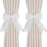 White Curtain Tie Backs - Elegant Lace Bow Curtain Tie Backs, Romantic Floral Bow Decor for Living Room Bedroom, Pearl Lace Snow Organza Holdbacks, White Bowknot Lace Ribbon