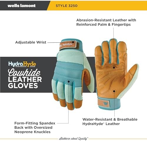 Wells Lamont Women's HydraHyde Leather Hybrid Gloves – Water-Resistant, Durable Cowhide Palm, Spandex Stretch Back – Ideal Landscaping/Farming/Gardening Gloves – Adjustable Wrist – Small, Blue (3250S) - Thumbnail 4