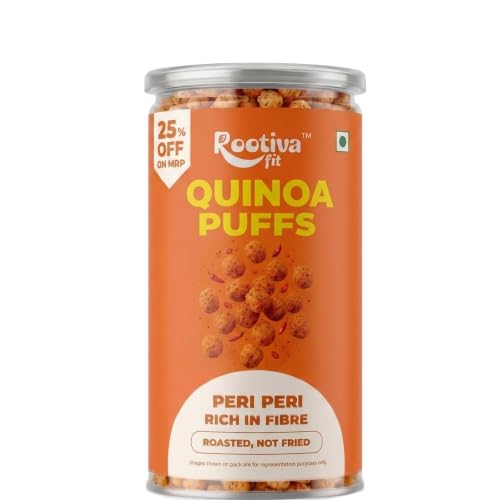 Image of ROOTIVAFIT Quinoa Puffs Peri Peri Flavour, Roasted Not Fried, Rich in Fibre, Made with Jowar and Quinoa Flour, 80 g, Pack of 1 | New