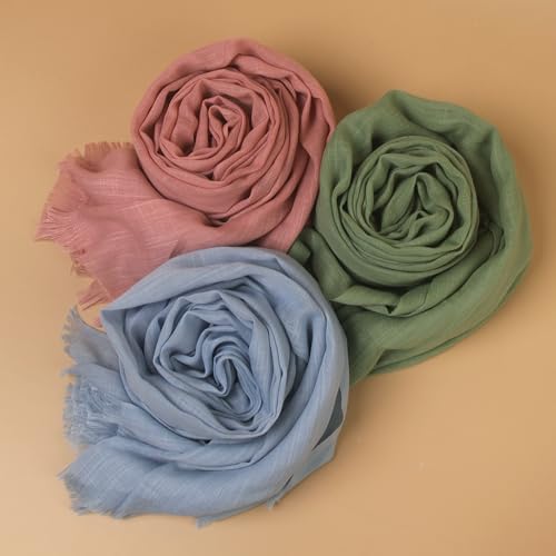 3PCS Packed Bamboo Slub Cotton Feeling Hijab With Short Fringe Trim Plain Breathable Women's Turban Scarf Shawl2