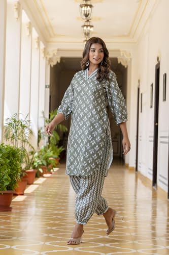 Image of Yashika Women Printed Cotton Blend Straight Kurta and Afghani Pant Set Perfect For Casual and Office Wear