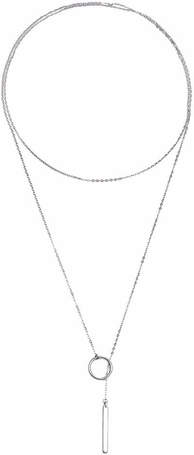 CheredaQIANDI Long Necklace Silver Plated Open Circle and Dangling Bar Lariat Necklace, 925 Silver