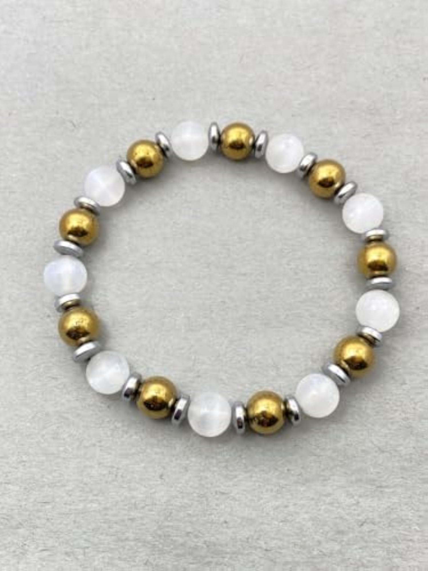 Unisex Natural Selenite & Gold Hematite 8mm Stretchable Bracelet