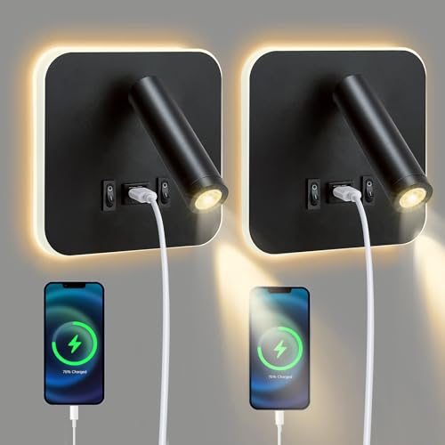 Lnopever 2PCS LED Lampara De Chevet Murale USB Port De Charge Applique Tete De Lit 325 ° Rotation Lampe De Chevet LED Pour Chambre Salon Bureau