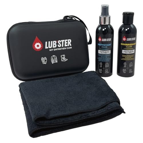 LUB'STER KIT Entretien Cuir Moto Nettoie, nourrit et protège équipement Moto Cuir et sièges • Ne tâche Pas • Ne Laisse Pas de Traces • Elimine Graisse, saletés et Sueur • Protège et ravive Le Cuir